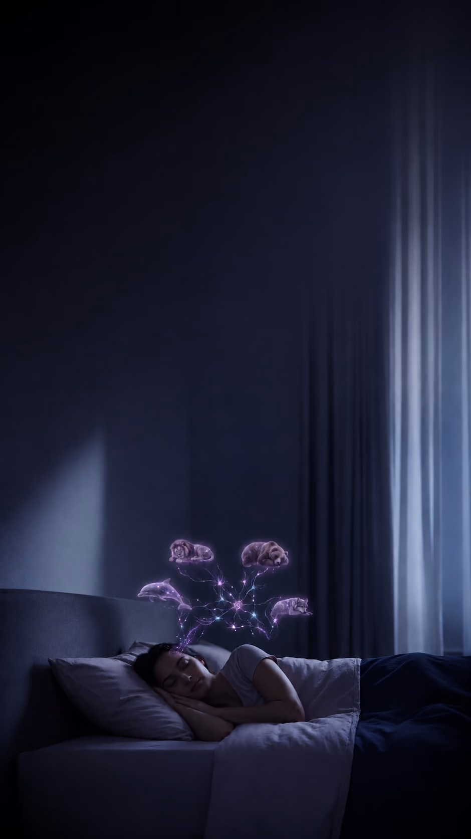 Mulher dormindo tranquilamente em um quarto escuro, com ilustrações luminosas de um leão, um urso, um lobo e um golfinho conectados por sinapses cerebrais, representando a atividade neural e os cronótipos do sono