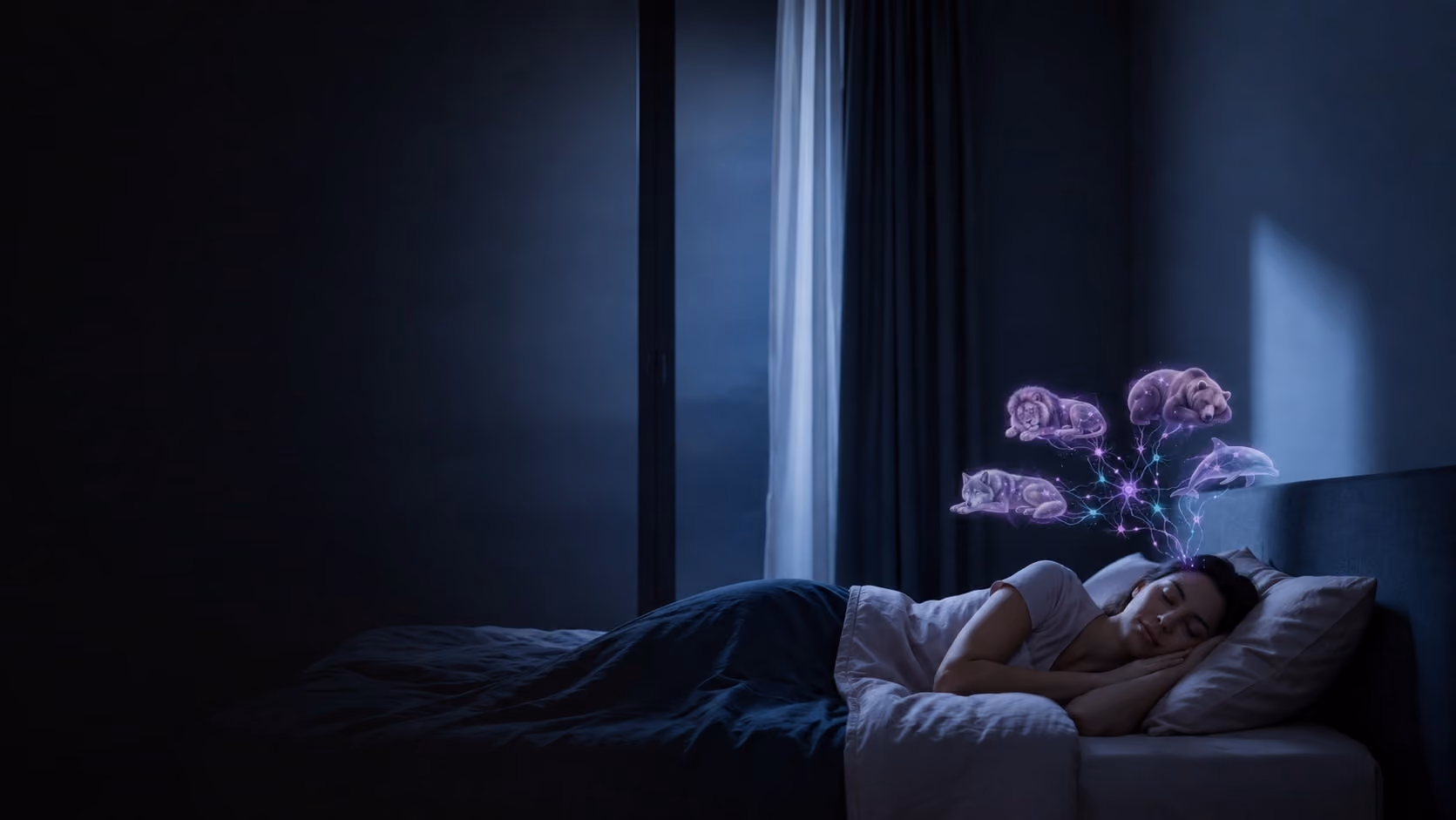 Mulher dormindo tranquilamente em um quarto escuro, com ilustrações luminosas de um leão, um urso, um lobo e um golfinho conectados por sinapses cerebrais, representando a atividade neural e os cronótipos do sono