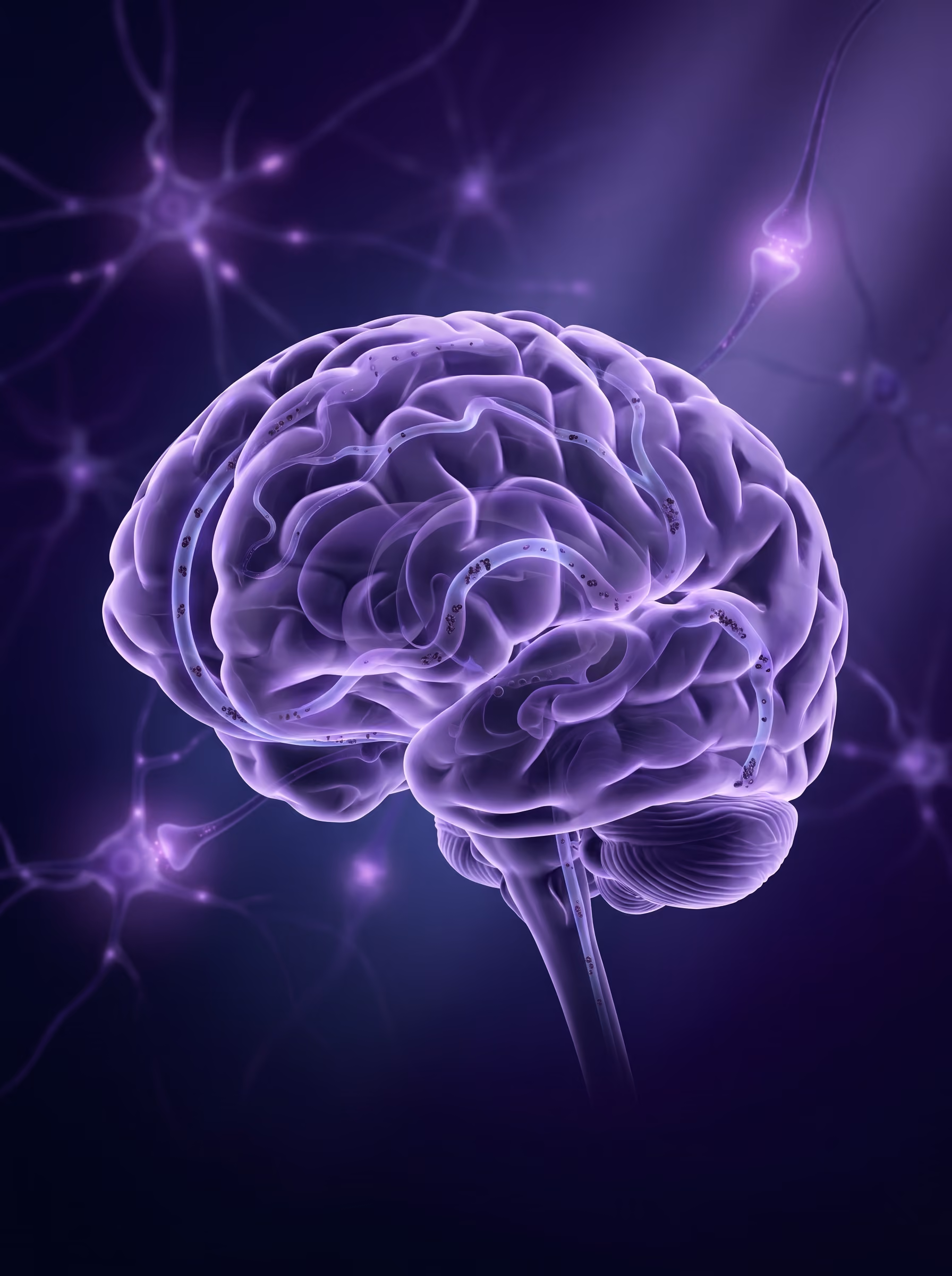 Ilustração de um cérebro humano em atividade, com conexões neurais iluminadas em tons de roxo, representando o funcionamento cerebral durante o sono